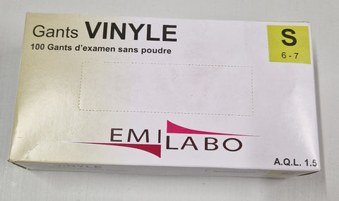 Gants en VINYL - EMILABO - boite de 100 taille S-M-L-XL